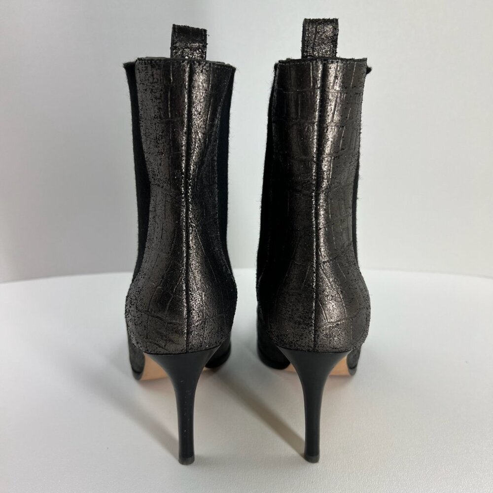 PAIGE Celeste Ankle Bootie Size 8.5 Stiletto Heel Gunmetal Croc Leather Metallic - Picture 5 of 14
